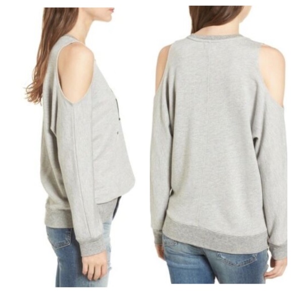 [1] SUNDRY Good Vibes Grey Cold Shoulder Sweatshirt - Picture 2 of 6